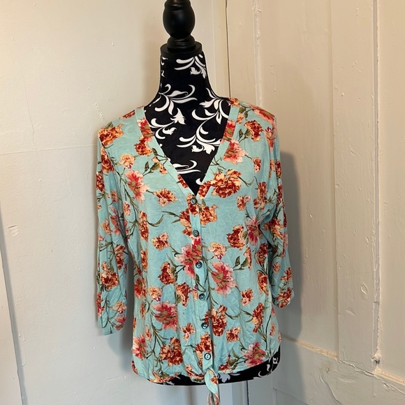 Green Envelope Slouchy Button Down Tie Waist Blouse - Picture 1 of 6